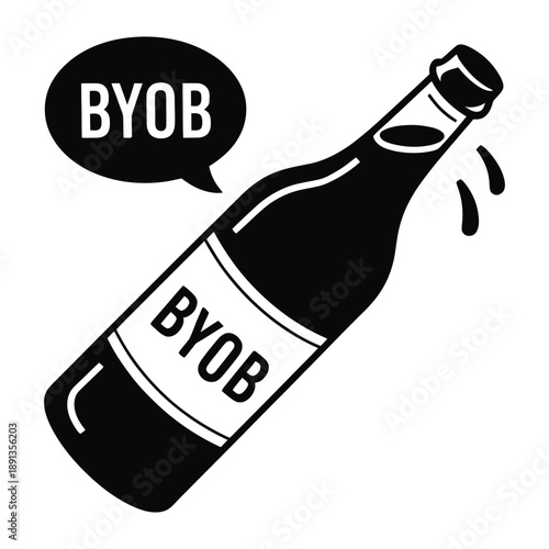 A bottle with a label that says BYOB, with a speech bubble saying BYOB, indicates a drink is a contribution.