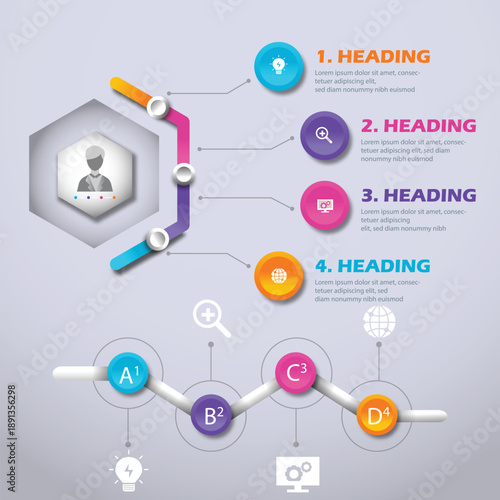 4-Step Business Infographic Set. Vector Presentation Slide Featuring Hexagonal User Profile Node and Zig-Zag Timeline with Colorful Circular Markers