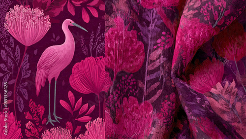 Vibrant floral pattern with a pink bird standing among lush plants and flowers.