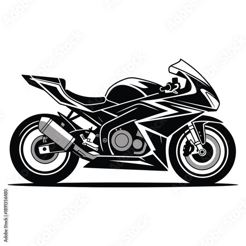 A black and white graphic illustration of a sport motorcycle.