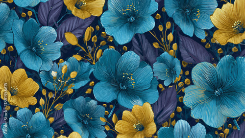 Vibrant blue and yellow flowers bloom abundantly on dark leaves in a lush floral pattern.