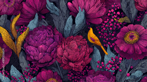 Vibrant floral pattern with pink flowers and leaves on a dark background