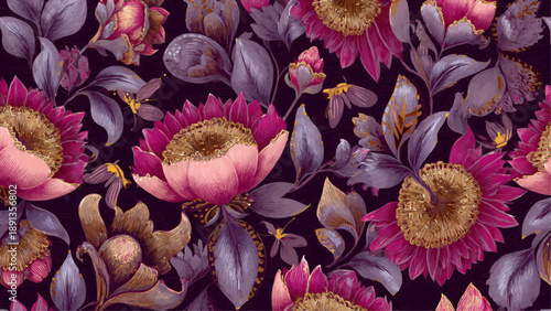 Vibrant floral patterns featuring sunflowers and leaves unfold on fabric.