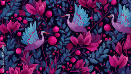 Vibrant floral pattern with cranes, leaves, and berries on dark background