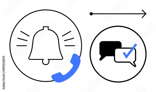 Bell with alert lines, phone icon, chat bubbles with checkmark, arrow suggesting progress. Ideal for communication, notification, messaging, validation interaction updates connection. Simple flat