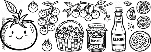 Whimsical hand drawn black and white tomato characters with basket jar ketchup bottle and slices cute smiling faces