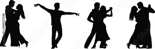 Dance couple silhouettes performing ballroom and latin moves, elegant partners poses, romantic motion concept isolated on white background illustration