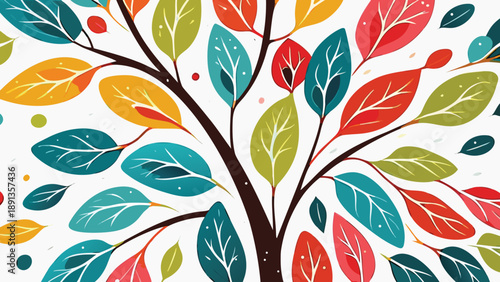 Vibrant multicolor leaves cluster on tree branches with white background and dots