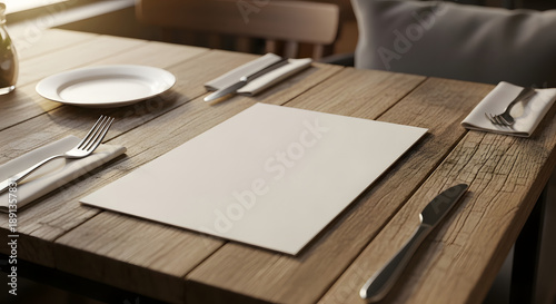 Realistic mockup template for menu cards or brochures, plain white paper, brochures, flyers, large sheets, A4, 3D illustrations with a wooden table background.