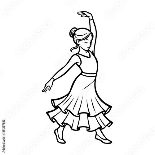 Baile típico español. Dibujo con líneas de niña bailarina de flamenco