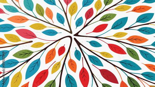 Vibrant multicolor leaves spread out in a circular pattern on white background