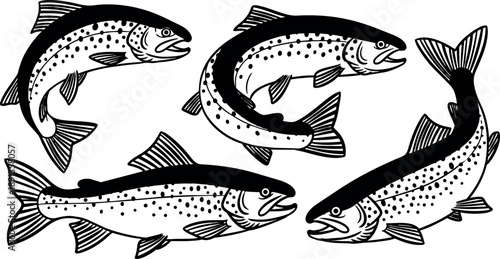 Hand drawn vector art of four blue and black spotted trout fish swimming in different curved poses isolated on light background
