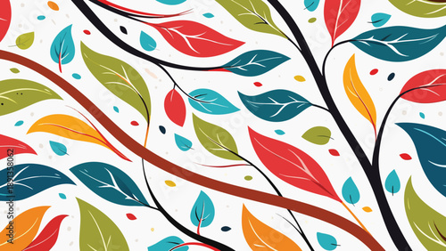Colorful leaves flowing along branches with vibrant dots on white background