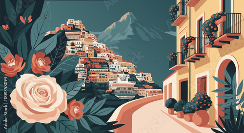 Charming Italian Village Vector Illustration with Blooming Roses and Mountain Backdrop