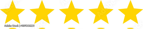 Five Bright Yellow Stars Rating System with Subtle Shadows on White Background
