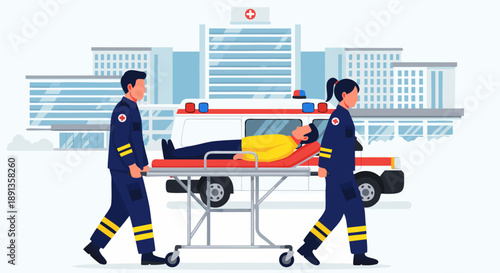 Ambulance vector illustration of medical professionals carrying a patient on a stretcher outside a hospital building
