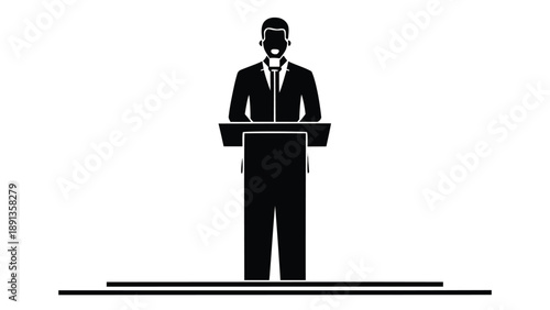 Confident formal presenter stands at podium in business attire giving a speech