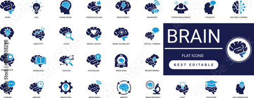 brain solid icon set brain, idea, intelligence, mind, logic, thinking, knowledge, creativity, psychology, mental professional vector set editable