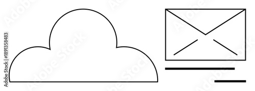 Data sharing, communication, cloud services, email delivery, storage systems, digital transfer. A cloud symbol and an email envelope in minimalist line art. Cloud services and communication concepts