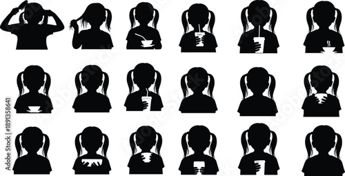 Girl silhouettes collection showing eating and drinking actions, child behavior poses set, daily routine concept isolated on white background illustration
