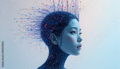 Woman with circuit board neural network emerging from her head