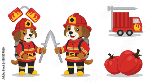 Playful canine brigade: Cartoon dog firefighters ready for action with fire truck and peppers