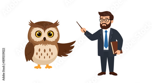 Professor character with book and owl illustration imparting knowledge through animation