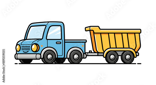 Smiling blue pickup truck hauling a vibrant yellow tipper trailer cartoon vehicle