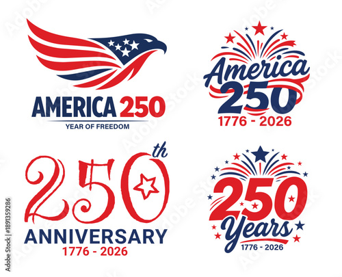 USA 250th Anniversary Logo Bundle in Modern Patriotic Vector Style, United States 250th Independence Anniversary Vector Logo Collection, 250 Years of American Independence Vector Logo and Poster 