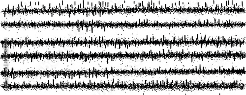 Abstract horizontal lines composed of irregular vertical bars and scattered dots vector art pattern in navy blue on light background