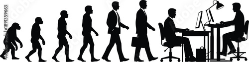 Human evolution to office worker silhouette, career progression from primitive to modern businessman, workplace concept isolated on white background illustration