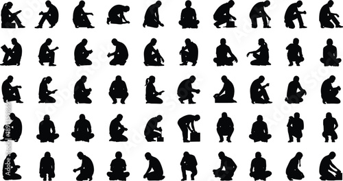 People silhouettes squatting and sitting poses collection, men figures actions set, human movement concept isolated on white background illustration design
