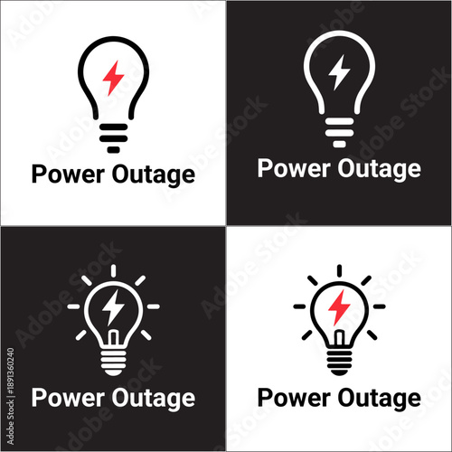 Power outage and electricity blackout icon set with different variations