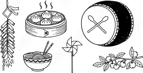 Hand drawn line art traditional chinese food basket dumplings fireworks drum pinwheel and cherry branch vector illustration set