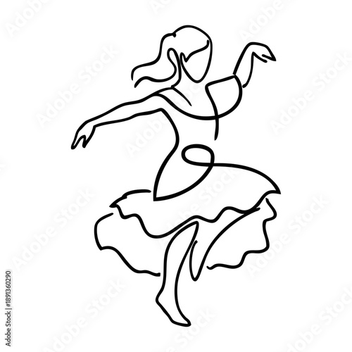 Baile típico español. Dibujo con única línea de niña bailarina de flamenco