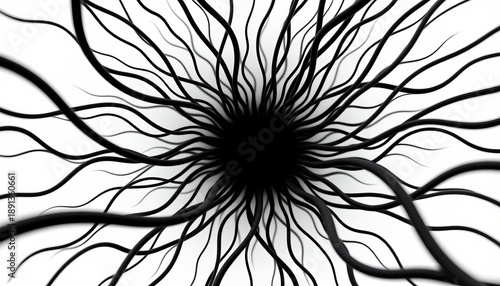 An intricate black and white illustration that combines abstract design with geometric shapes. The centerpiece is a large, swirling black form against a stark white background