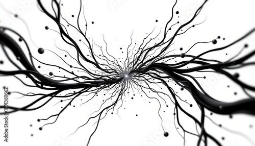 An intricate black and white pattern that resembles neural pathways or tree branches with droplets at the ends.