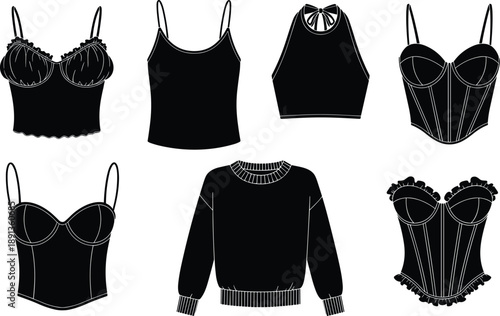 Women clothing silhouettes collection showing lingerie tops and sweater designs, female fashion apparel set isolated on white background illustration vector