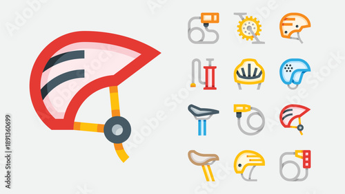 Bicycle goods and cycling accessories icons set