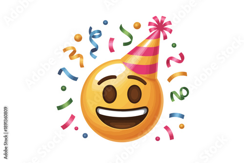 A happy emoji wearing a party hat with colorful confetti and streamers celebrating a joyful occasion