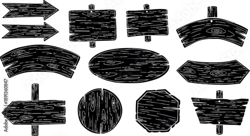 Hand drawn flat design wooden signboards and arrow signs collection vector art set rustic vintage style