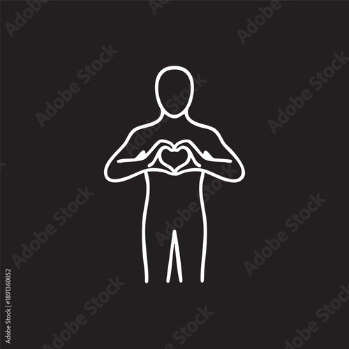 Human figure forming a heart shape with their hands. Simple vector icon symbolizing love, self-care, empathy, and emotional wellness