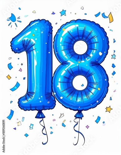 Blue cartoon style balloon shaped as number 18 with confetti on white background. Illustration for birthday or anniversary party