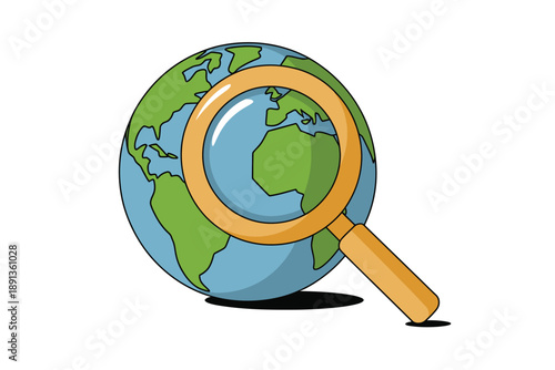 A cartoon illustration of the Earth with a magnifying glass focusing on a specific region.