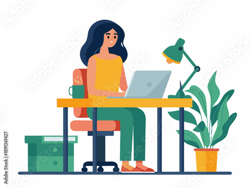 A young woman works on a laptop at a desk with a plant
