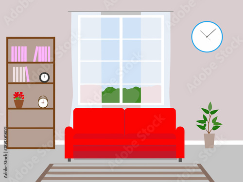 A simple living room interior with a red sofa bookshelf and window