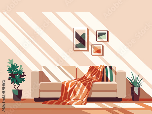 A minimalist living room interior with a sofa plant and framed artwork