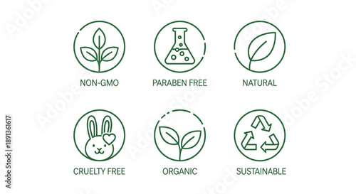 Natural cosmetic icons. Beauty badges. Cruelty free  vegan  bio  paraben free  labels. Skincare logo. GMO free emblems. Organic cosmetic line icon. Vector illustration