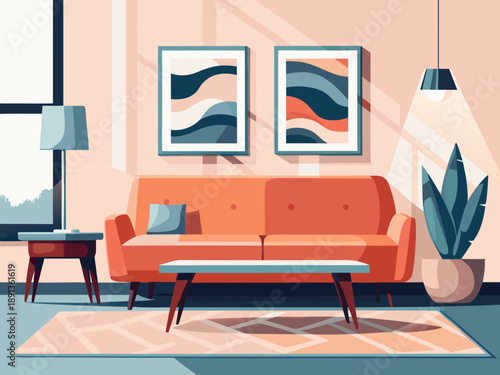 A cozy living room scene with an orange sofa and abstract artwork