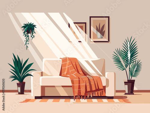 A cozy sunlit living room corner with a comfortable armchair and plants
